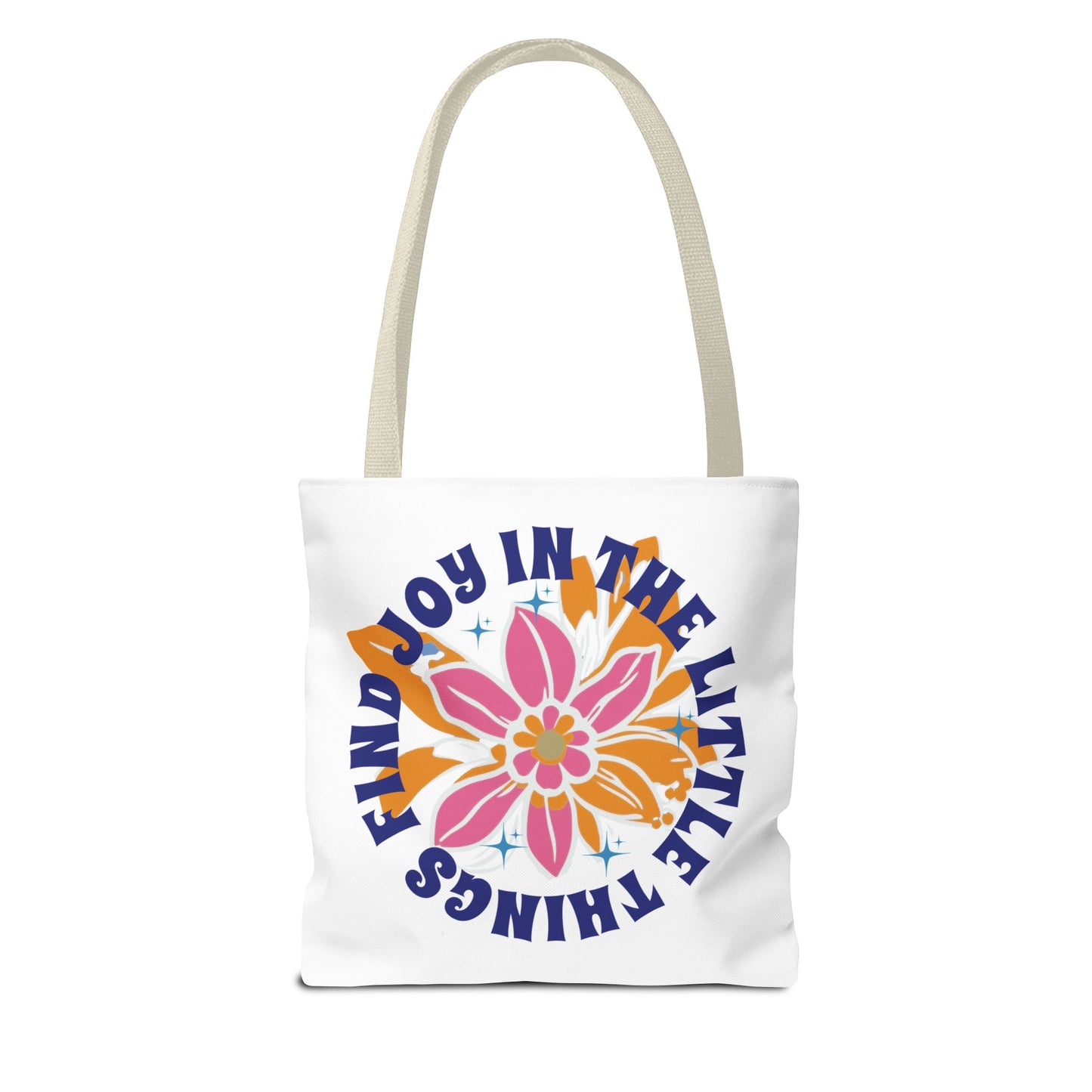 Find Joy in Little Things Tote Bag featuring a floral design, perfect for everyday use with durable polyester, reinforced handles, and boxed corners for extra space.
