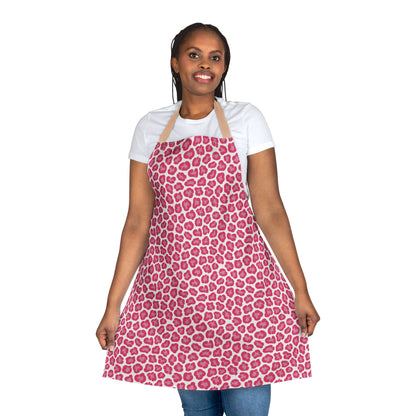 Woman wearing FireBrook Designs' Apron, Cheetah Print, showcasing its stylish and functional design with adjustable straps and soft polyester fabric, ideal for trendy home chefs and bakers.