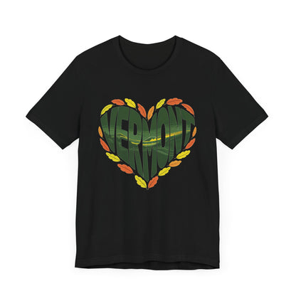 Vermont Love Bella+Canvas Unisex T-Shirt showcasing a relaxed, outdoorsy design, ideal for nature enthusiasts. Crafted with 100% Airlume cotton, it offers a comfortable fit for casual or semi-formal wear.