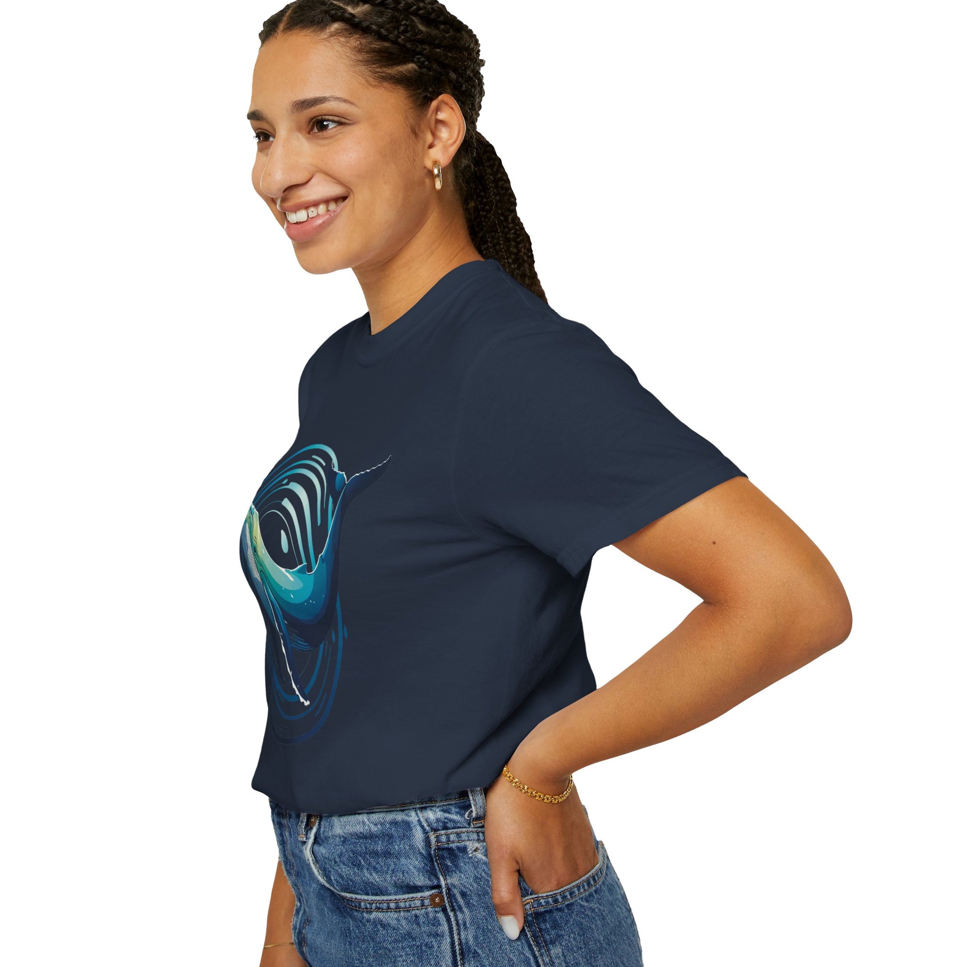 Ocean Wave with Humpback Whale Fin Design T-Shirt showcases a dynamic abstract ocean scene with a whale fin, offering a unique artistic touch, ideal for casual and themed events.