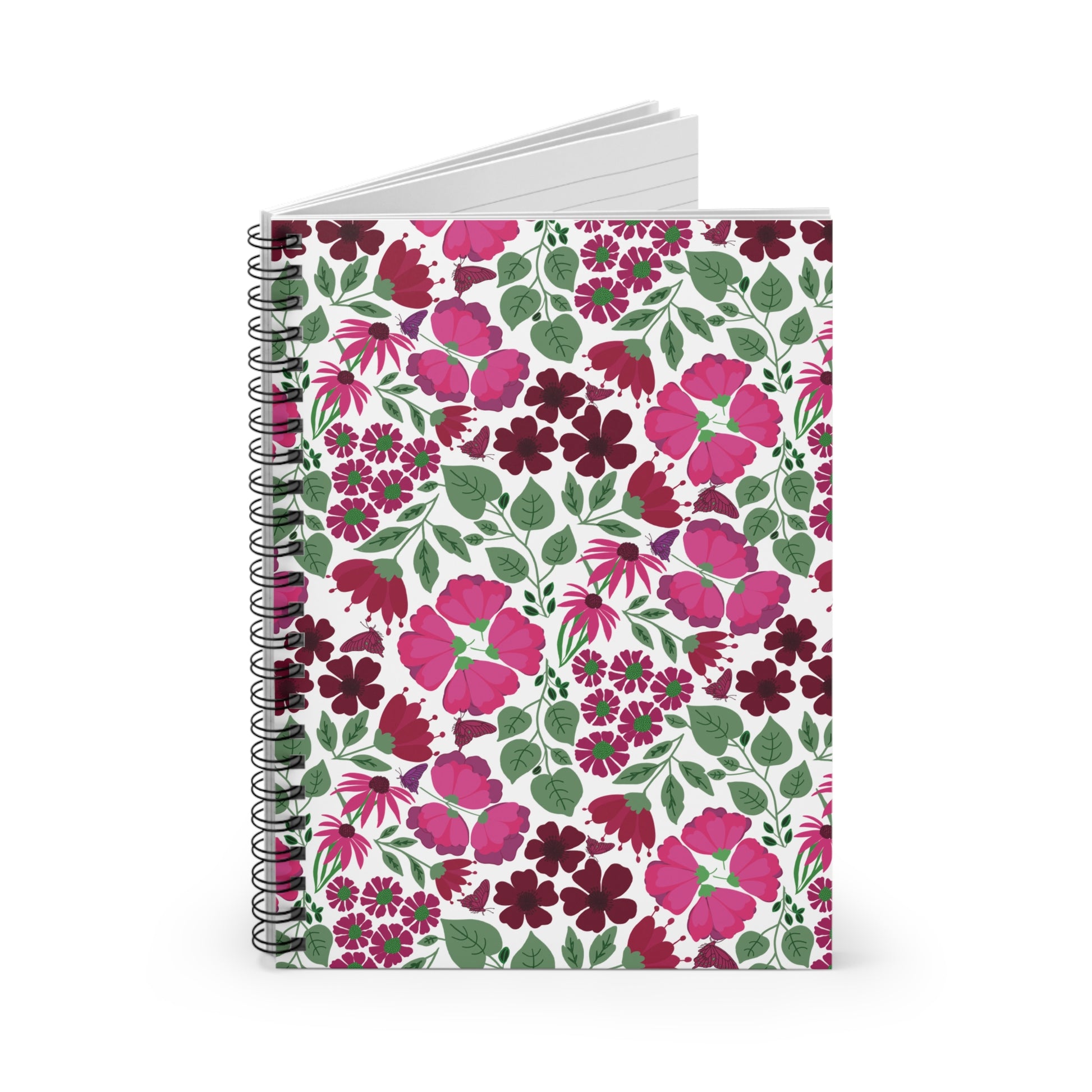 Floral Spiral Notebook featuring a vibrant pink and burgundy floral pattern with green leaves, designed for creativity and organization, perfect for students, professionals, or as a thoughtful gift.