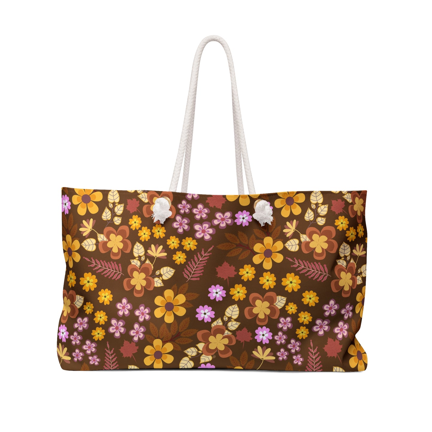 Weekender Bag with white rope handles features a retro floral pattern on rich brown, showcasing mustard, burnt orange, pale purple, and cream blossoms, embodying FireBrook Designs' vibrant, joyful style.