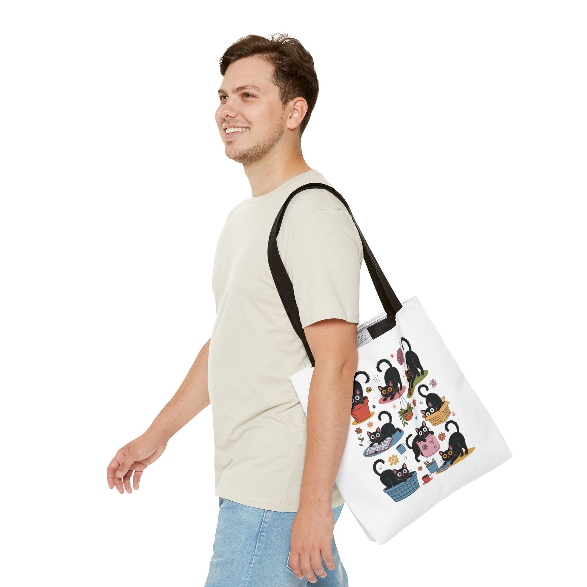 Cat Tote Bag - Curious Cat Design: A whimsical tote bag featuring a playful cat illustration, ideal for cat lovers seeking a unique and artistic accessory for daily use.