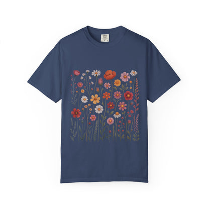 The Wildflowers Summer T-Shirt showcases a vibrant floral design, embodying a carefree summer vibe. Ideal for outdoor adventures, it features durable double-needle stitching and a sleek, seamless look.