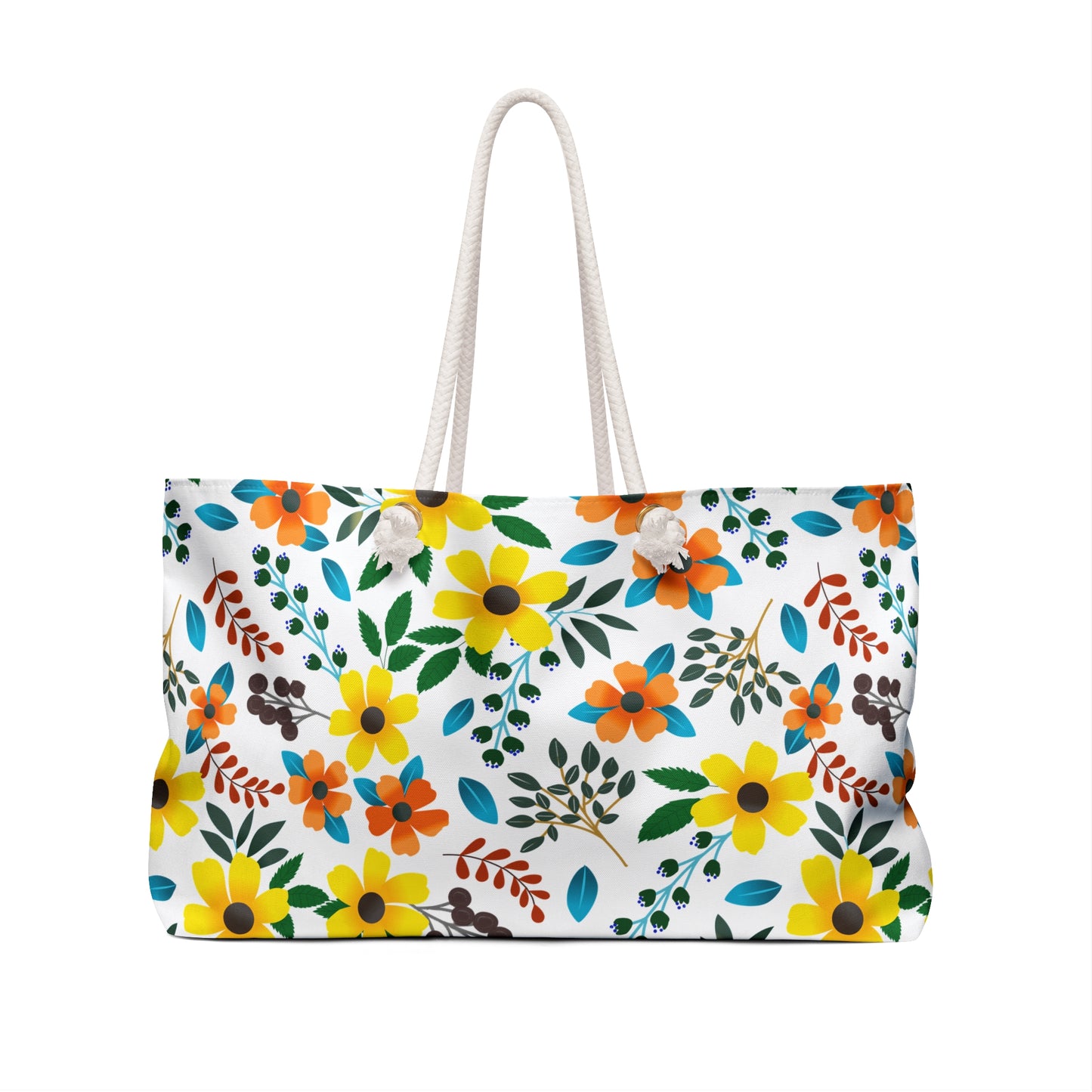 Weekender Bag with bright floral pattern and twisted rope handles, perfect for stylish travels or beach days. Spacious design with luxurious interior, ideal for joyful getaways and vacations.