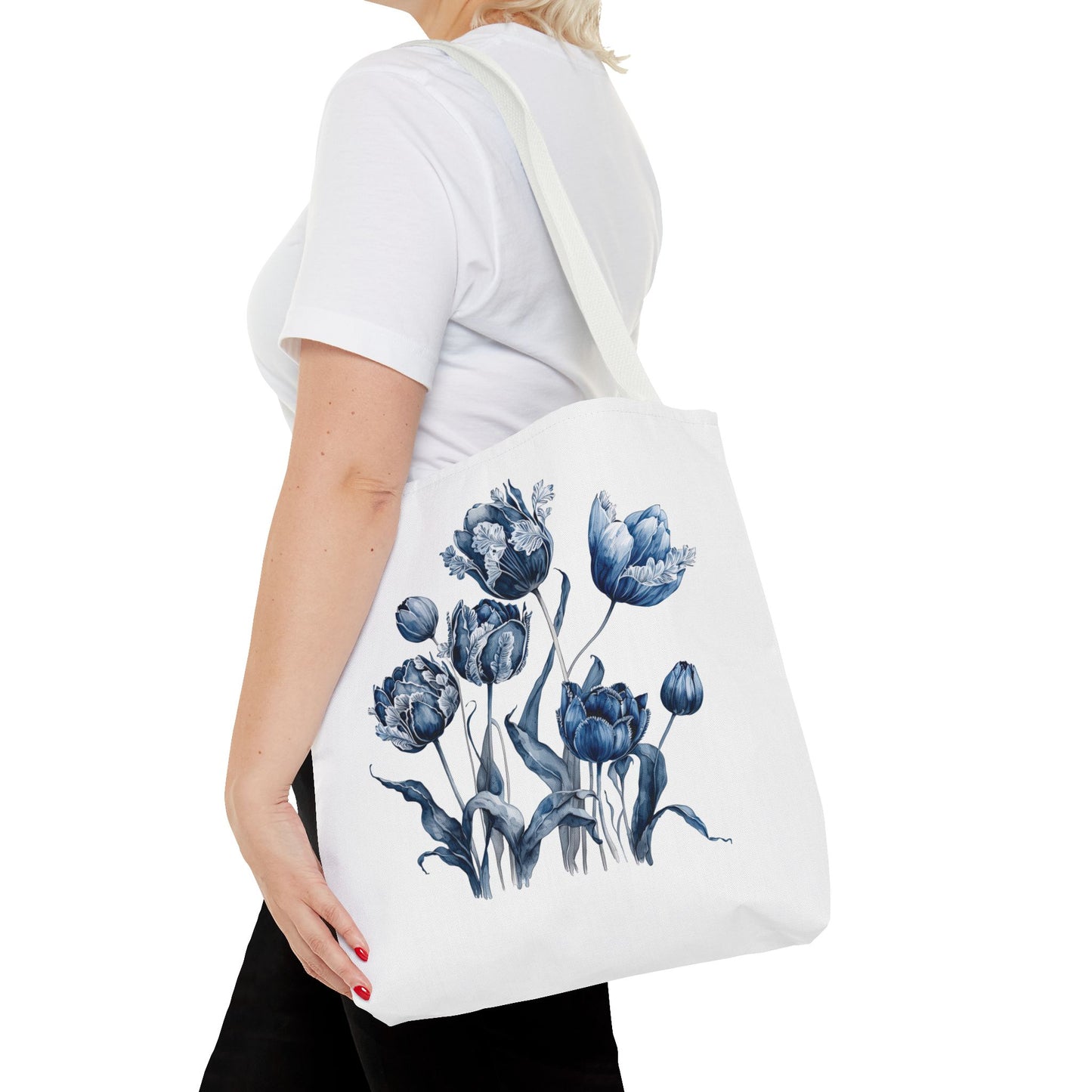 Flowers in Blue Hue Watercolor Tote Bag: A stylish tote featuring blue floral patterns, perfect for daily errands or travel.
