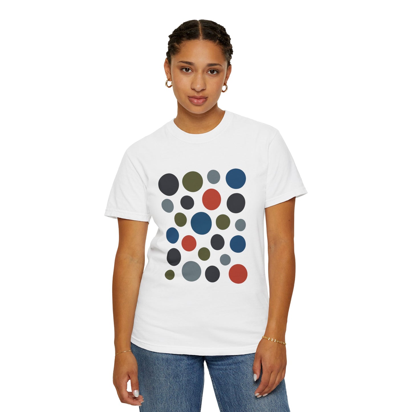 Abstract Circle Design in Modern Muted Tones T-Shirt featuring varied solid circles for an artistic look; crafted from soft, durable, 100% ring-spun US cotton, embodying FireBrook Essentials' stylish and joyful apparel ethos.