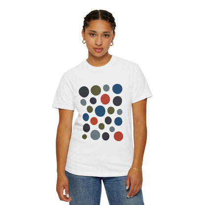 Abstract Circle Design in Modern Muted Tones T-Shirt featuring varied solid circles for an artistic look; crafted from soft, durable, 100% ring-spun US cotton, embodying FireBrook Essentials' stylish and joyful apparel ethos.
