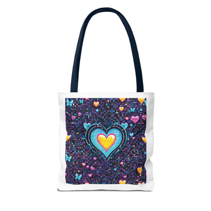 Heart Pixelated Nostalgic Cyber-Aesthetic Tote Bag featuring pixelated hearts and butterflies, perfect for daily use, offering a stylish and durable accessory.