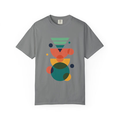 Geometric Abstract T-Shirt featuring colorful geometric shapes, offering a trendy, artistic vibe. Made from soft garment-dyed cotton, this unisex tee is a stylish, versatile addition to any wardrobe.