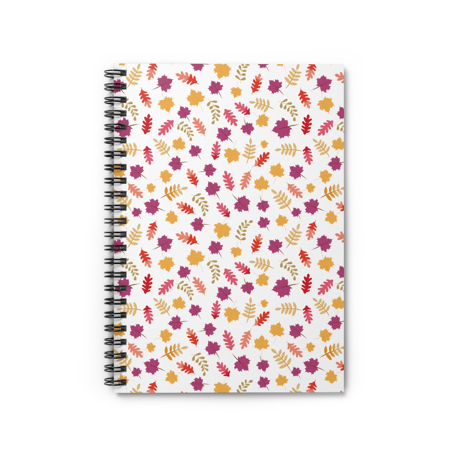Floral Spiral Notebook with white cover, featuring red, orange, gold, and purple autumn leaf pattern. Stylish metal spiral binding enhances functionality, perfect for capturing thoughts and inspiring creativity.