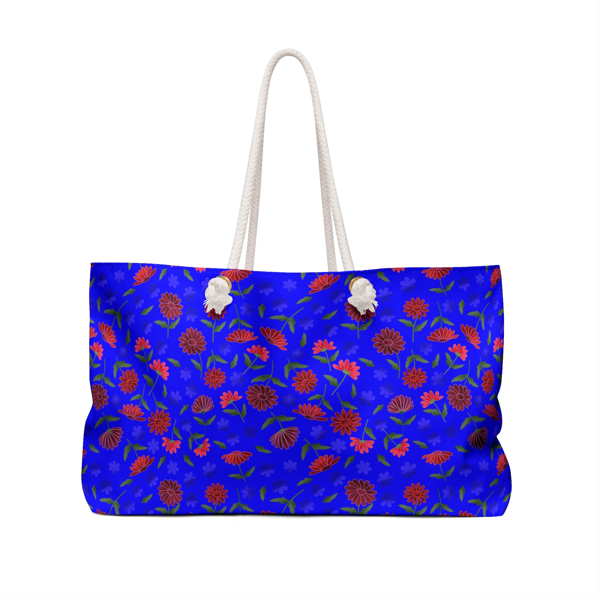 Floral Blue Weekender Bag — Bright Boho Travel Tote: A spacious tote with thick white rope handles and a vibrant royal-blue floral print, ideal for joyful, stylish travel from FireBrook Designs.
