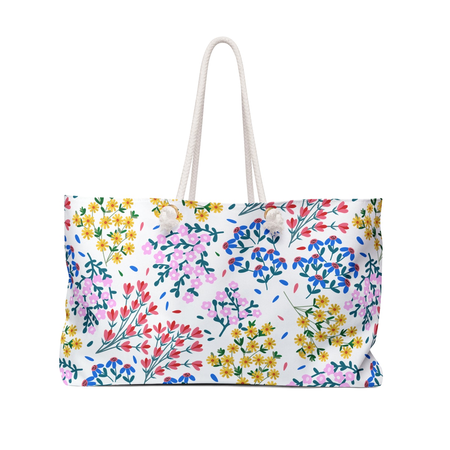 Weekender Bag with vibrant floral pattern and thick white rope handles, ideal for stylish travel. Features a spacious design, durable spun polyester material, and luxurious cream interior lining.