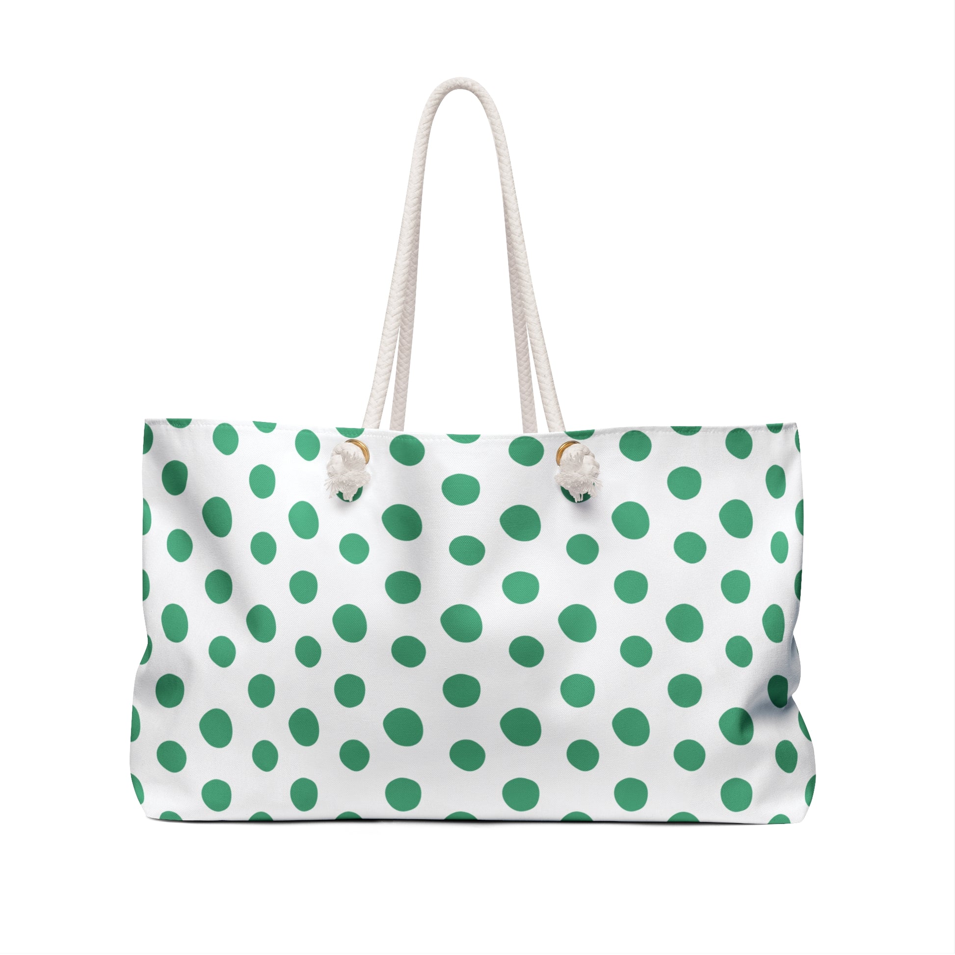 Copy of Weekender Bag Green Polka (large) Dots Travel Tote features playful green and white polka dots, with sturdy blue rope handles, embodying FireBrook Essentials' vibrant and joyful design ethos. Perfect for stylish getaways.
