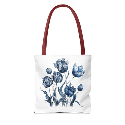 Flowers in Blue Hue Watercolor Tote Bag with vibrant floral design and red strap, ideal for daily errands and outdoor adventures.