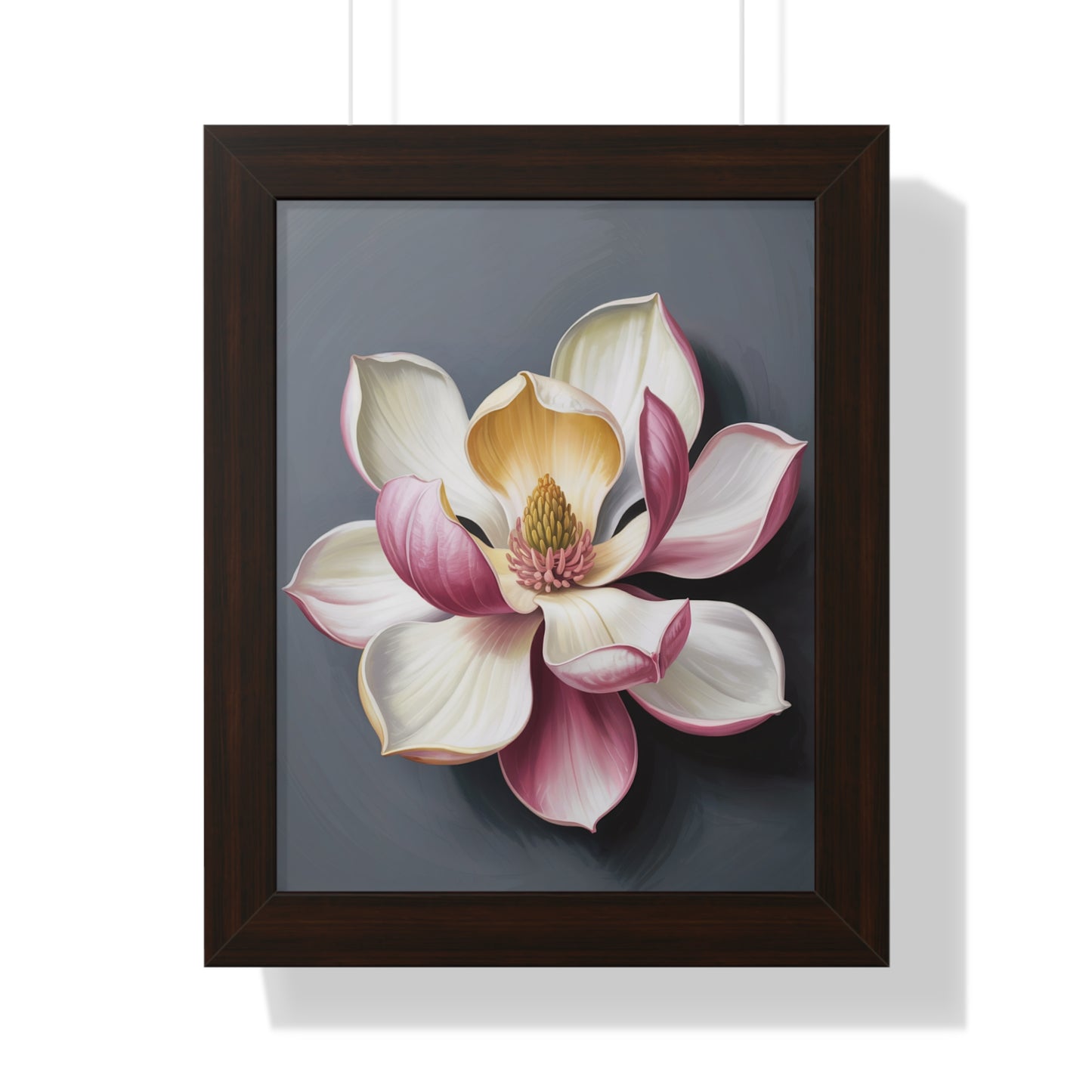 Vertical Poster - Magnolia Floral Design: A close-up of a delicate white magnolia flower, encapsulating timeless elegance, set in a sleek frame. An ideal art piece for enhancing home decor with nature's tranquility.