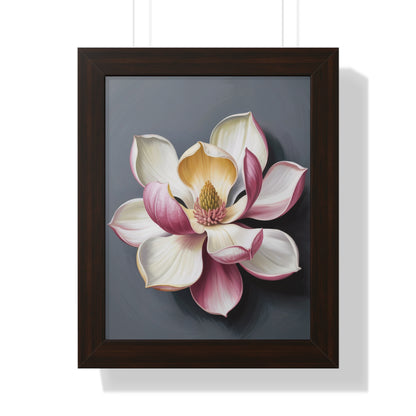 Vertical Poster - Magnolia Floral Design: A close-up of a delicate white magnolia flower, encapsulating timeless elegance, set in a sleek frame. An ideal art piece for enhancing home decor with nature's tranquility.