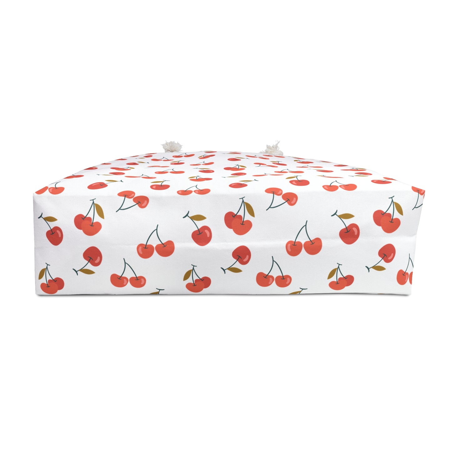 Cherry Weekender Bag featuring a whimsical cherry pattern on durable polyester, with chic cream-colored rope handles. Ideal for joyful travel experiences, embodying FireBrook Designs' commitment to stylish and uplifting essentials.