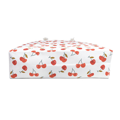 Cherry Weekender Bag featuring a whimsical cherry pattern on durable polyester, with chic cream-colored rope handles. Ideal for joyful travel experiences, embodying FireBrook Designs' commitment to stylish and uplifting essentials.