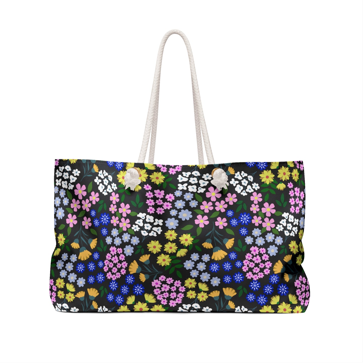 The Weekender Bag, featuring a dense multicolored floral pattern with a rope-style handle, embodies stylish practicality, ideal for weekend trips. Its generous size and vibrant design suit joyful, effortless travel.