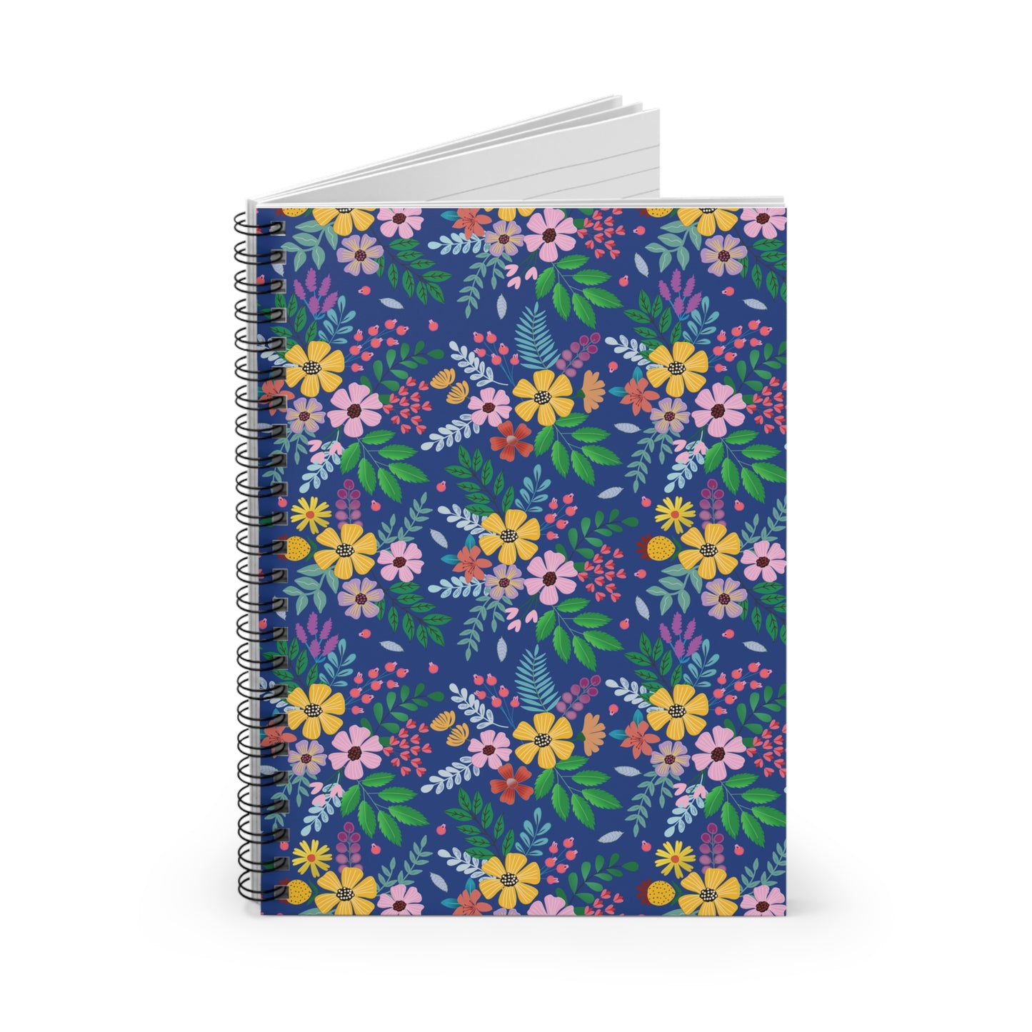 SPIRAL NOTEBOOK, DURABLE COVER, RULED, 6X8 – BOTANICAL BURST featuring a vibrant floral design with spiral binding, partially open to reveal lined pages, ideal for uplifting, eco-friendly note-taking from FireBrook Essentials.