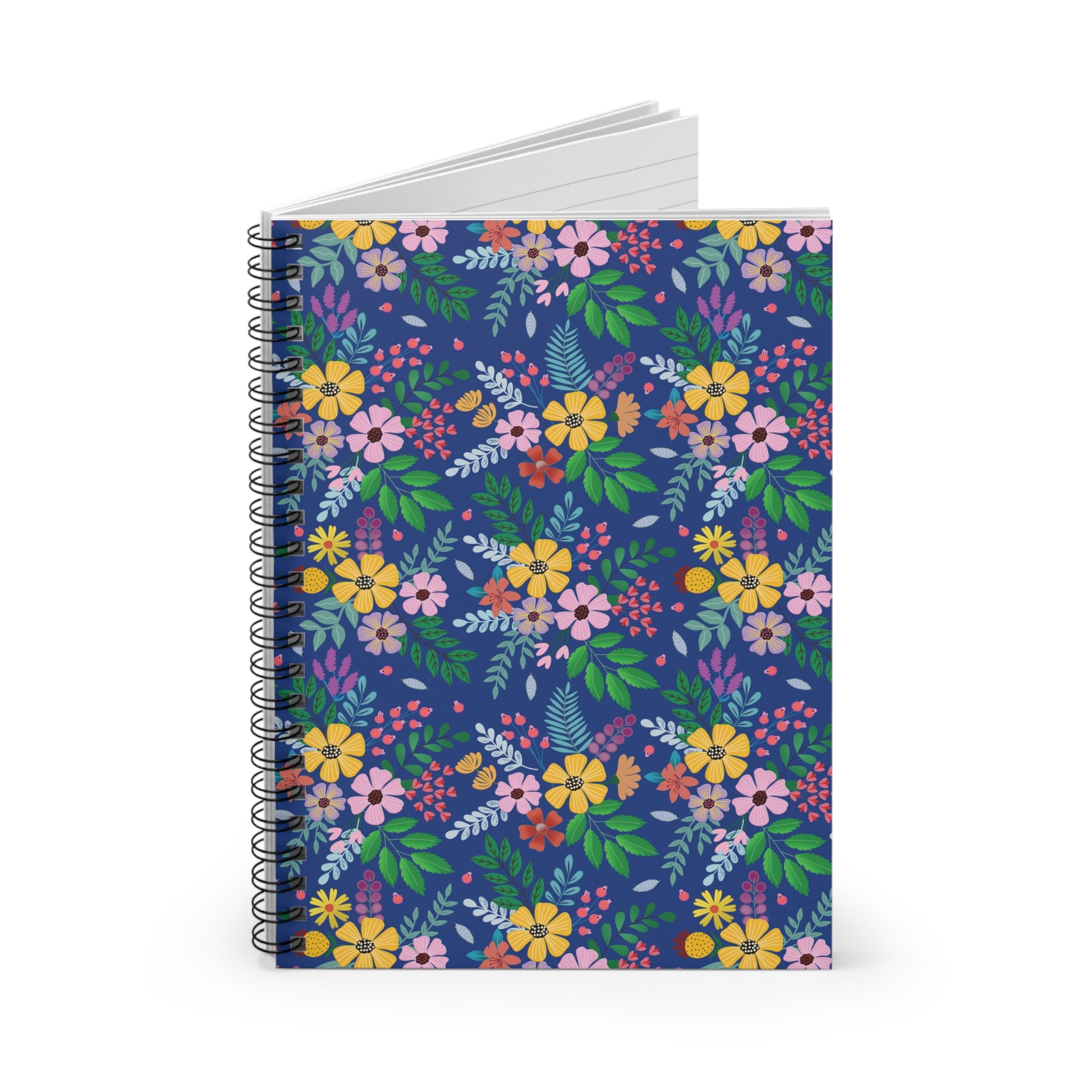 SPIRAL NOTEBOOK, DURABLE COVER, RULED, 6X8 – BOTANICAL BURST featuring a vibrant floral design with spiral binding, partially open to reveal lined pages, ideal for uplifting, eco-friendly note-taking from FireBrook Essentials.