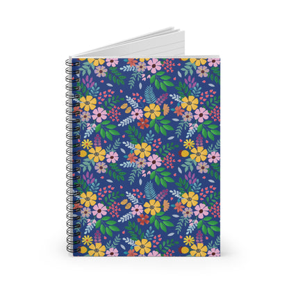 SPIRAL NOTEBOOK, DURABLE COVER, RULED, 6X8 – BOTANICAL BURST featuring a vibrant floral design with spiral binding, partially open to reveal lined pages, ideal for uplifting, eco-friendly note-taking from FireBrook Essentials.
