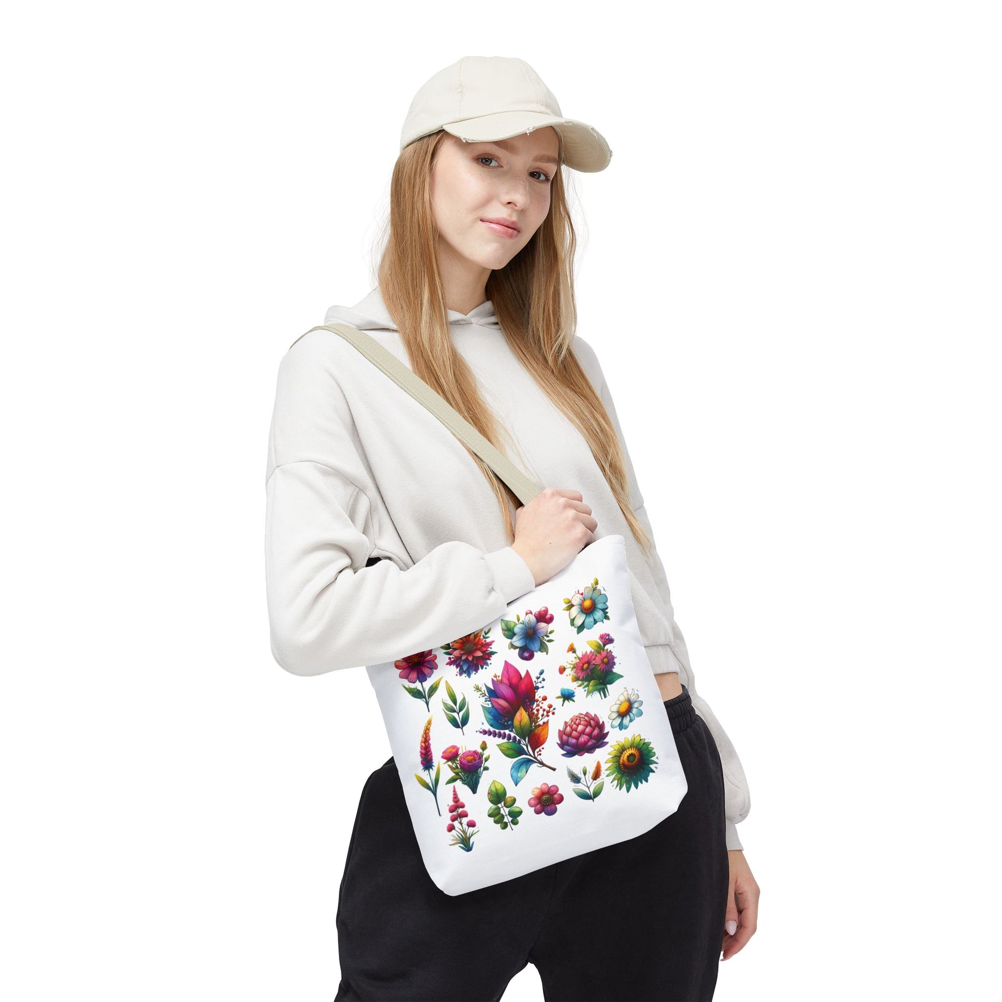 Floral Tote Bag featuring a vibrant flower design, held by a woman in casual attire, highlighting its durability and style for everyday use.