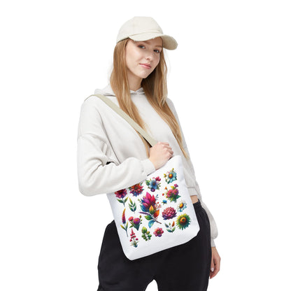 Floral Tote Bag featuring a vibrant flower design, held by a woman in casual attire, highlighting its durability and style for everyday use.