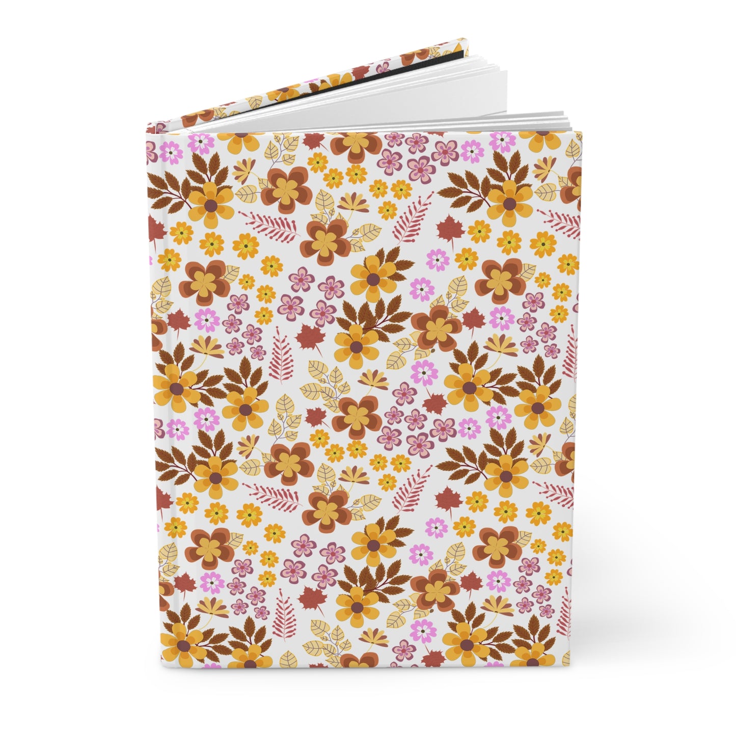 HARDCOVER JOURNAL, MATTE, RULED, 5X7, SEWN BIND, CLEAN-TEAR PAGES – RETRO BLOOM features a floral-patterned cover, slightly open, showcasing its blank pages, exemplifying FireBrook Designs' blend of style and functionality.