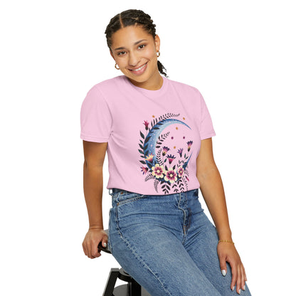 Crescent Moon Floral T-Shirt with a bohemian design, featuring durable double-needle stitching, relaxed fit, and crew neckline, embodying FireBrook Essentials' uplifting and stylish apparel ethos.
