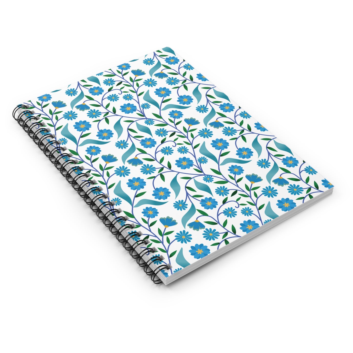 Floral Spiral Notebook with a white cover featuring a blue flower, green leaf pattern. Black double-loop wire coil binding enhances durability and ease of use, perfect for creativity and organization.