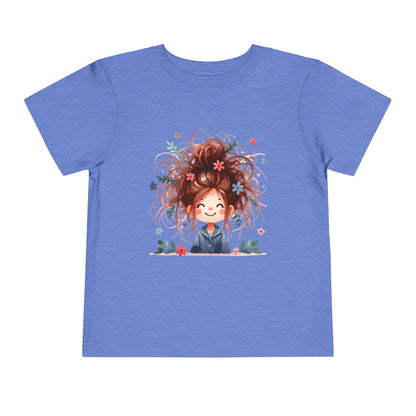 Curly Hair Toddler T-Shirt featuring a cartoon girl with flowers, perfect for playdates and special occasions. Comfortable with side seams, this tee from FireBrook Essentials embodies joyful, stylish apparel for toddlers.