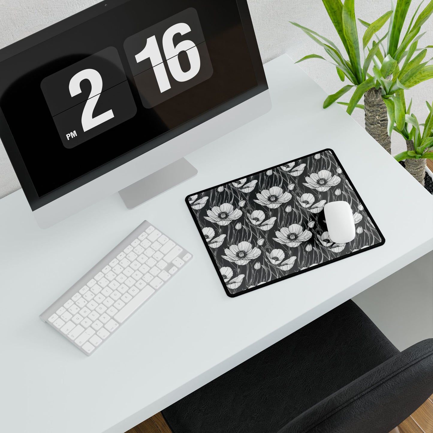 Monochrome Poppies Floral Desk Mat: Close-up of a stylish desk pad featuring intricate black-and-white poppy line art, enhancing workspace elegance and functionality. Ideal for gifting, aligning with FireBrook Designs' uplifting aesthetic.