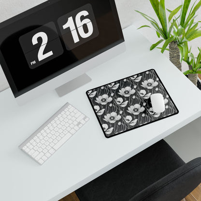 Monochrome Poppies Floral Desk Mat: Close-up of a stylish desk pad featuring intricate black-and-white poppy line art, enhancing workspace elegance and functionality. Ideal for gifting, aligning with FireBrook Designs' uplifting aesthetic.