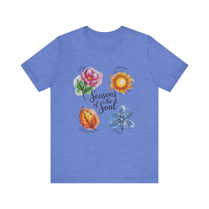 Seasons of the Soul: Joy, Energy, Wisdom & Peace T-Shirt, a unisex jersey short-sleeve tee showcasing a serene design symbolizing life's seasons, ideal for yoga or spiritual practices.
