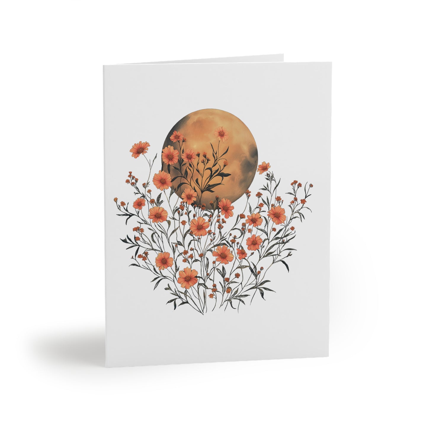 Moon Greeting Cards — Pack of 8/16/24 feature an art-print style illustration of orange wildflowers against a large amber full moon, folded and ready with a matching white envelope for personalized messages.