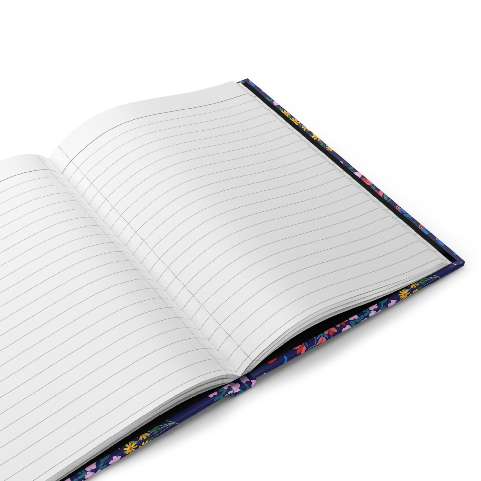 Floral Meadow Hardcover Journal — Navy Botanical Notebook for Notes & Gifts: An open, lined journal with a casewrap binding, showcasing a vibrant floral-patterned cover on a white background, ideal for joyful, long writing sessions.