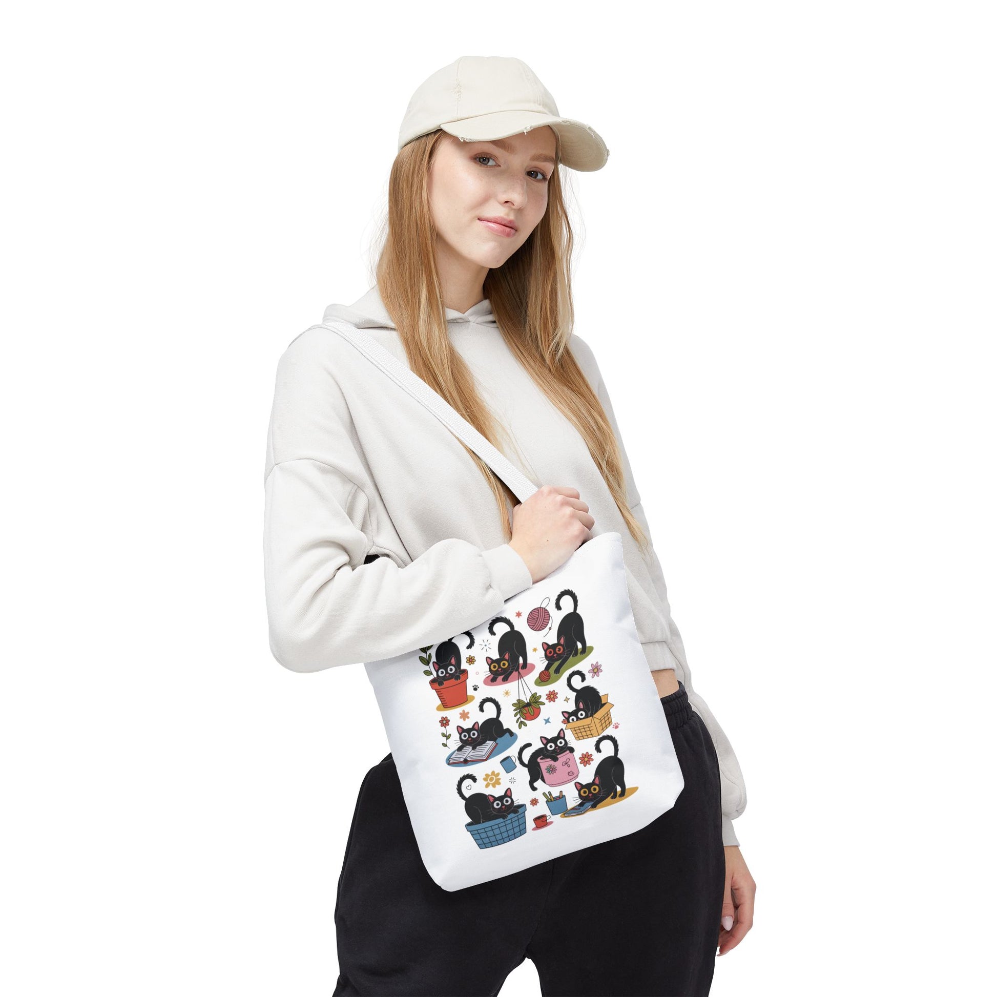 Cat Tote Bag - Curious Cat Design features a whimsical cat illustration, perfect for cat lovers. Durable, reinforced handles, and boxed corners make it ideal for everyday use, reflecting FireBrook Essentials' joyful style.