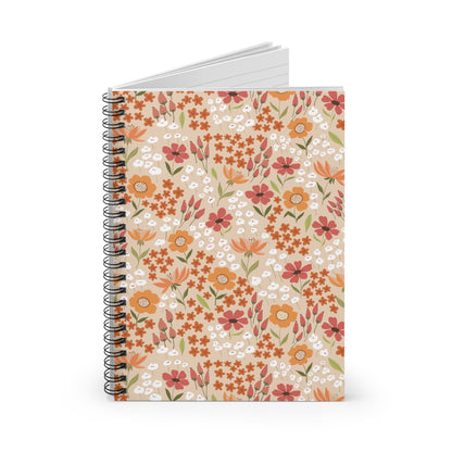 Floral Spiral Notebook featuring a warm beige cover with vibrant floral patterns, showcasing its sleek spiral binding and lined pages, perfect for creative expression and joyful organization.