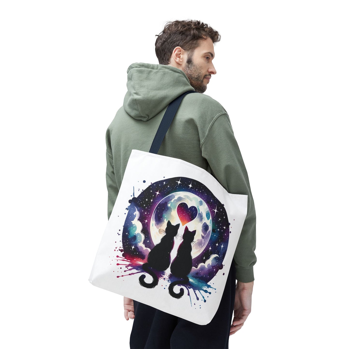 Copy of Cat Lovers Under the Moon Tote Bag featuring a charming cat design, perfect for carrying essentials. Durable with reinforced handles and boxed corners, embodying FireBrook Essentials' joyful, uplifting style.