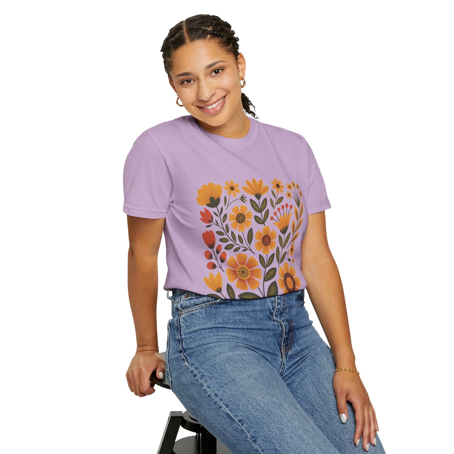 Folk Art in Warm Yellows Floral T-Shirt featuring artistic floral patterns, ideal for casual and art events. Made from high-quality cotton with relaxed fit, reflecting FireBrook Essentials' stylish and positive design ethos.