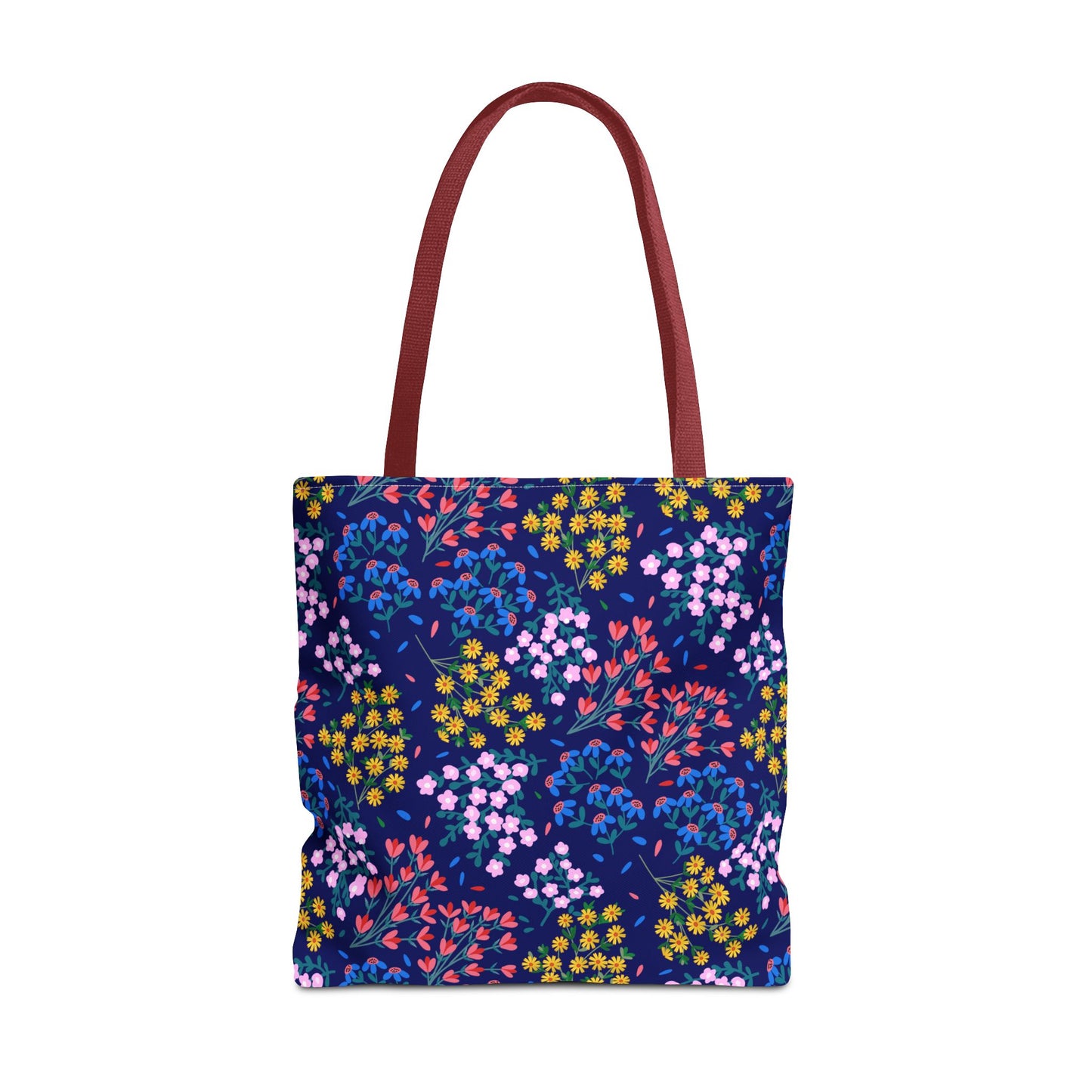 Midnight Garden Tote Bag features a dark blue floral pattern with burgundy straps. Its structured design and reinforced handles make it perfect for daily use, embodying FireBrook's blend of style and practicality.
