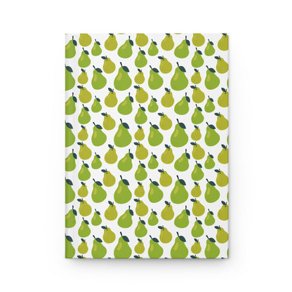 HARDCOVER JOURNAL, MATTE, RULED, 5X7, SEWN BIND, CLEAN-TEAR PAGES – PEAR features a durable matte cover with a stylized green pear pattern, offering 150 lined pages for versatile note-taking.
