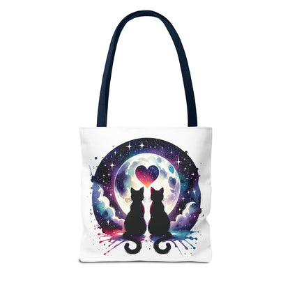 Copy of Cat Lovers Under the Moon Tote Bag, featuring a durable polyester body with reinforced handles, perfect for carrying essentials stylishly. Ideal for cat enthusiasts seeking a charming, practical accessory.