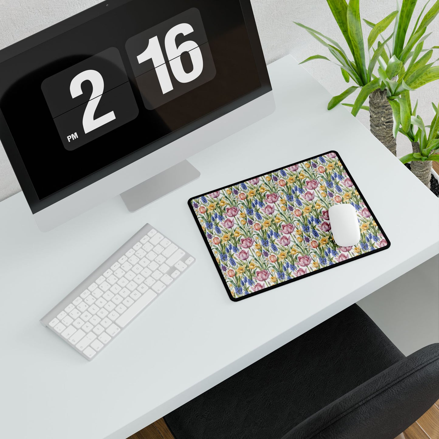 Desk Mat - Spring Garden Tulips Daffodils Hyacinths: A serene workspace mat with vibrant floral patterns, featuring tulips, daffodils, and hyacinths. Ideal for nature lovers seeking a calming desk atmosphere.