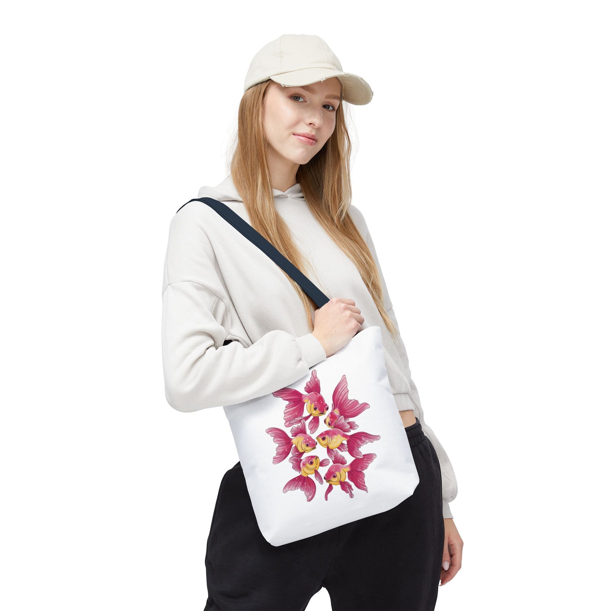 Fish Tote Bag - School of Fish Design featuring a serene school of fish pattern, perfect for ocean enthusiasts. Designed with durable polyester, reinforced handles, and boxed corners for extra capacity.