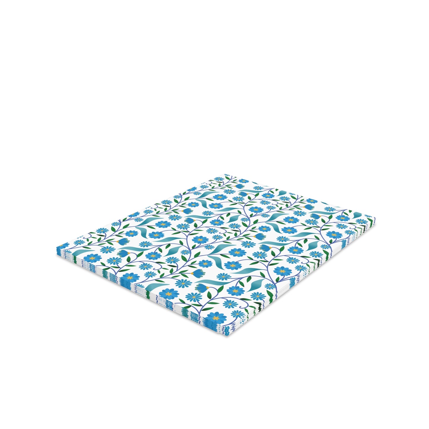 Floral Greeting Cards — Pack of 8/16/24 features vibrant blue blossoms and green leaves on a white matte background, neatly stacked, capturing the essence of cheerful, personal messages.
