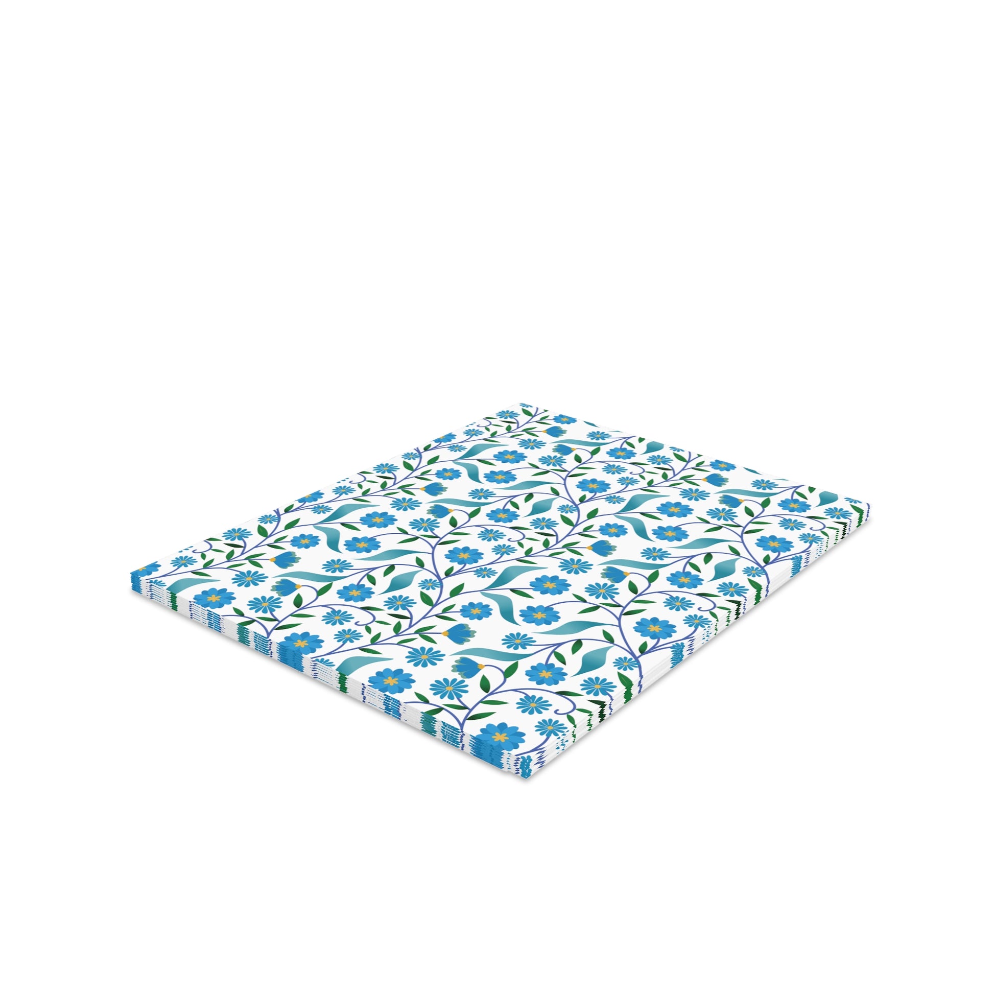 Floral Greeting Cards — Pack of 8/16/24 features vibrant blue blossoms and green leaves on a white matte background, neatly stacked, capturing the essence of cheerful, personal messages.