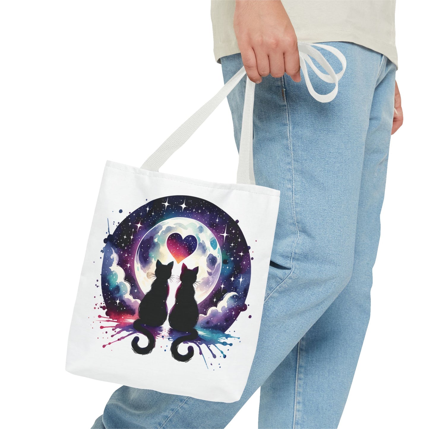 Copy of Cat Lovers Under the Moon Tote Bag featuring a whimsical cat design, ideal for carrying essentials. Durable polyester with boxed corners and reinforced handles, available in three sizes to suit your style.
